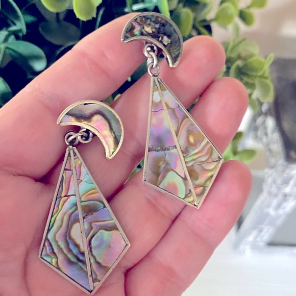 Beautiful Hecho en Mexico Sterling Silver abalone Shell Screw earrings 2.25” - Picture 2 of 7